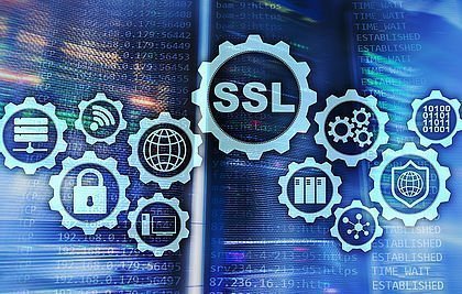 SSL Secure Sockets Layer Grafik mit blauem Hintergrund.