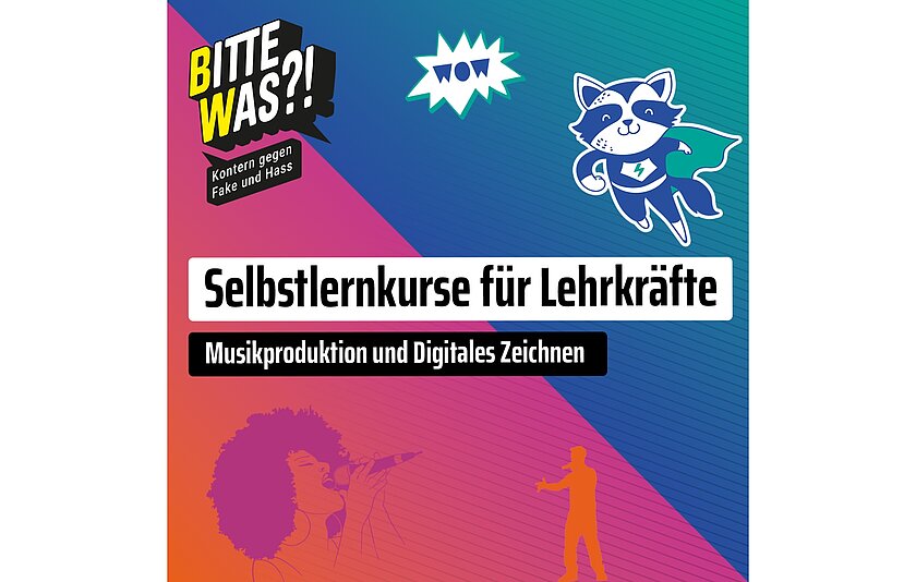 Man sieht ein Bild, das in einen roten und blauen Hintergrund aufgeteilt ist. In Schrift steht geschrieben "Selbstlernkurse für Lehrkräfte - Digitales Zeichnen und Musikproduktion". Das Bild soll die neuen Selbstlernkurse der Kampagne BITTEWAS?! bewerben.