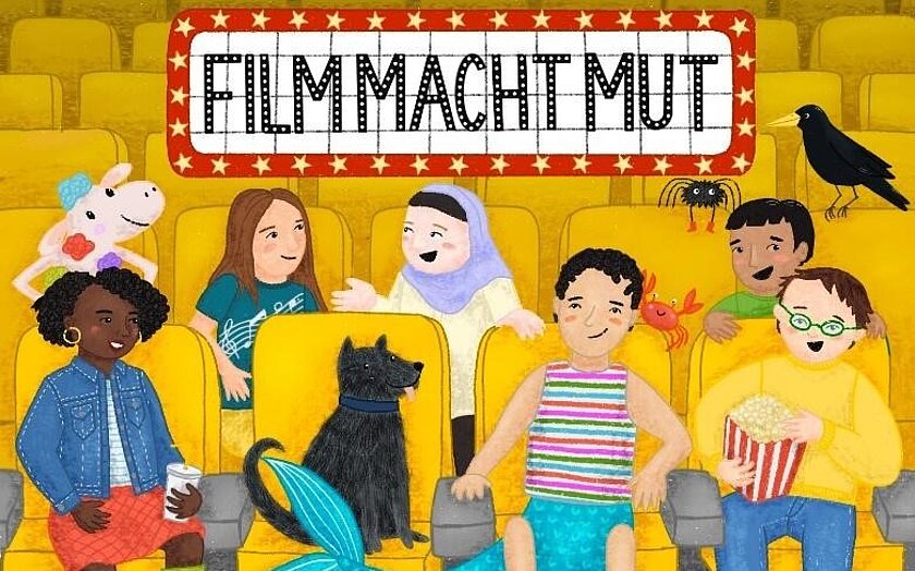 Kinder sitzen in einem Kinosaal. Das Bild ist gezeichnet.