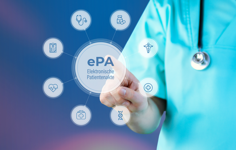 Elektronische Patientenakte (ePA) Die Grafik zeigt eine medizinische Fachkraft, die mit ihrem Finger auf einen Kreis mit der Beschriftung "ePA Elektronische Patientenakte" zeigt. Kreisförmig um diesen mittleren Kreis sind weitere Symbole angeordnet: ein Klemmbrett mit einer Akte, ein Stetoskop, Medikamente, eine Lunge, ein Kreuz, DNA, ein Arztkoffer sowie ein Herz mit Puls.