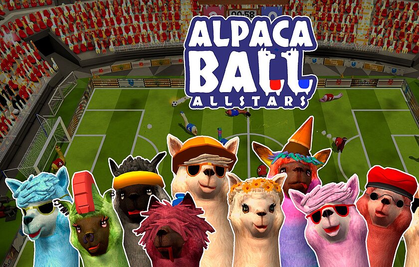 Neun bunte, mit Partyhüten und Sonnenbrillen verkleidete Alpakas tummeln sich vor einem Fußballfeld. Darüber prangt der Schriftzug "Alpaca Ball Allstars".