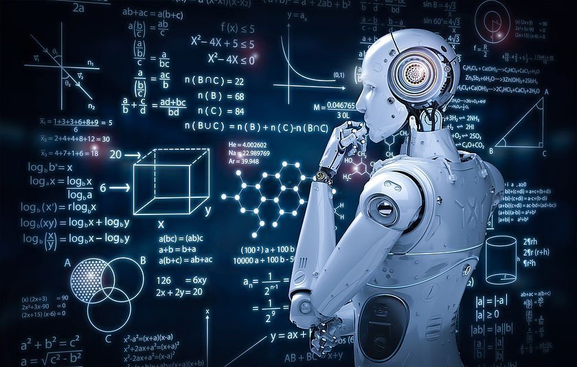 Roboter vor mathematischen Formeln und Grafiken