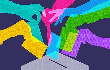 Illustrierte bunte Hände stecken Zettel in eine Wahlurne