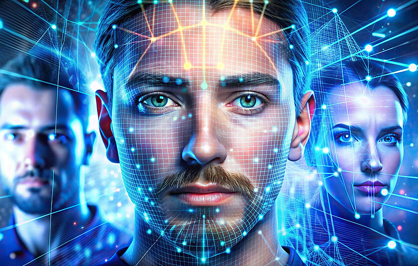 Deepfake KI generiertes Bild Man sieht ein KI generiertes Bild, das mehrere kuenstlich generierte Menschen zeigt