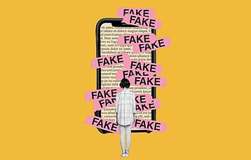 Die Grafik zeigt eine Heranwachsende, die vor einem riesigen Smartphone steht, auf dem lauter Sprechblasen mit dem Inhalt "Fake" zu sehen sind.