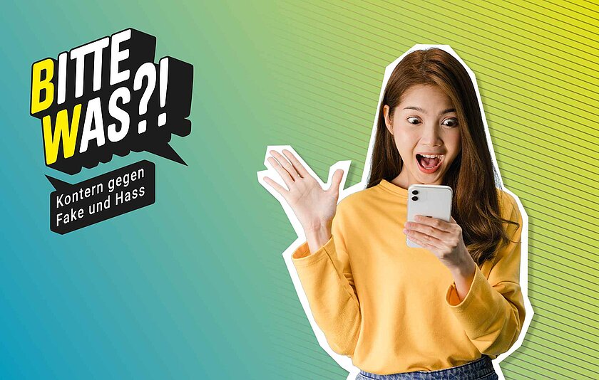 Eine junge Frau die empört auf ihr Smartphone schaut und im Hintergrund das Bitte Was Logo.