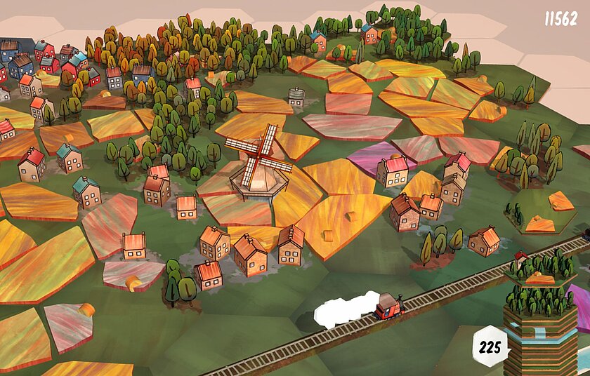 Das Foto zeigt eine idyllische Dorflandschaft mit Häusern, Feldern, Wiesen, Wäldern und einer Windmühle, basierend auf sechskantigen Plättchen.