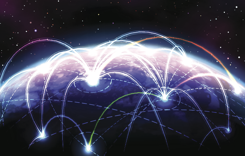 Erdball mit virtuell eingezeichneter globaler Kommunikation Erdball mit virtuell eingezeichneter globaler Kommunikation