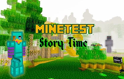 Auf dem Bild steht in großer Schrift "Minetest Storytime". Im Hintergrund sieht man die Landschaft im Spiel Minetest.