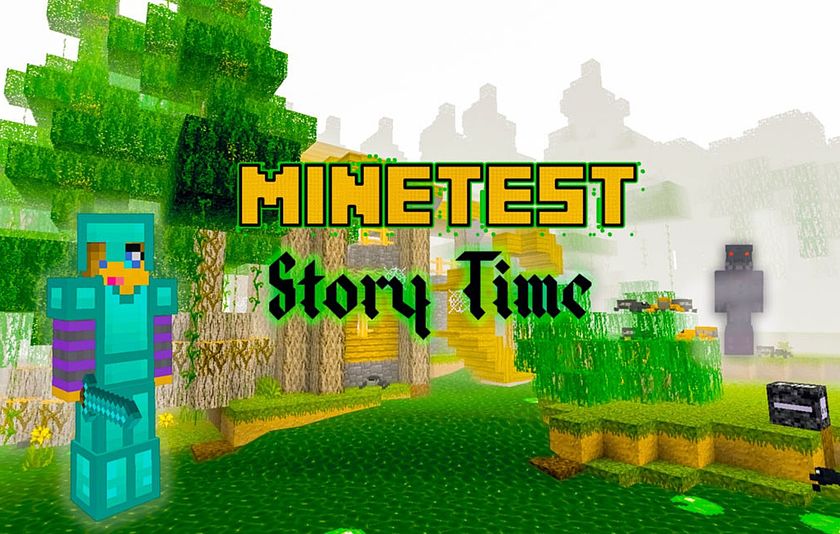 Auf dem Bild steht in großer Schrift "Minetest Storytime". Im Hintergrund sieht man die Landschaft im Spiel Minetest.