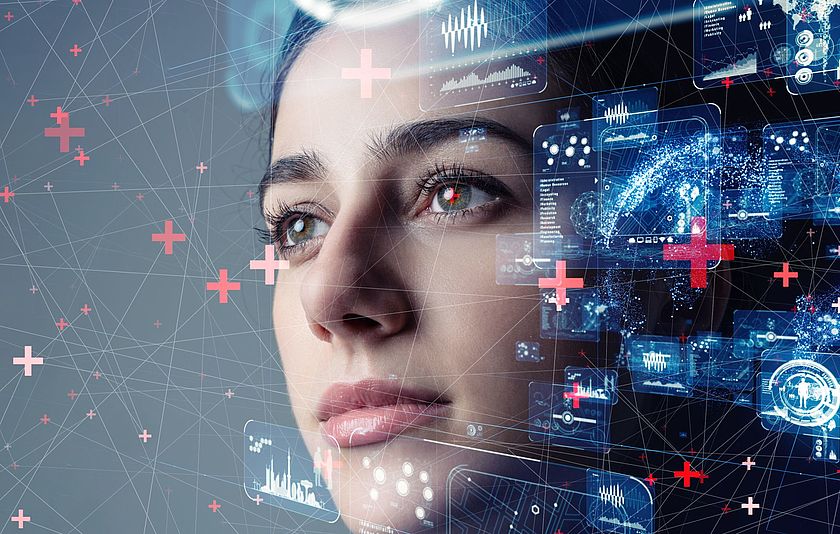 Gesicht einer jungen Frau, das mit digitalen Zeichen und Linien überlagert ist. Gesicht einer jungen Frau, das mit digitalen Zeichen und Linien überlagert ist.