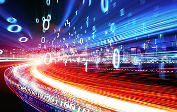 Mit Lichtlinien und Zahlen des Binärcodes simulierte Geschwindigkeit der Digitalen Revolution