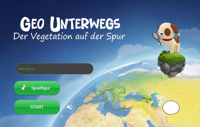 Das Foto zeigt die Startseite des Spiels "Geo unterwegs: Der Vegetation auf der Spur". Ein Hund sitzt mit einer Lupe auf einem Stück begrünten Stein und schaut auf die unter ihm liegende Erdkugel. Links daneben ist ein Eingabefeld für den Namen, ein Auswahlfeld für die Spielfigur sowie ein Start-Button zu sehen.